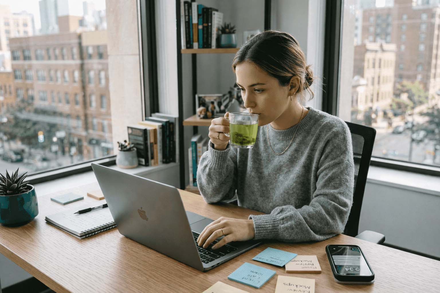 Woman drinks green tea while working at desk