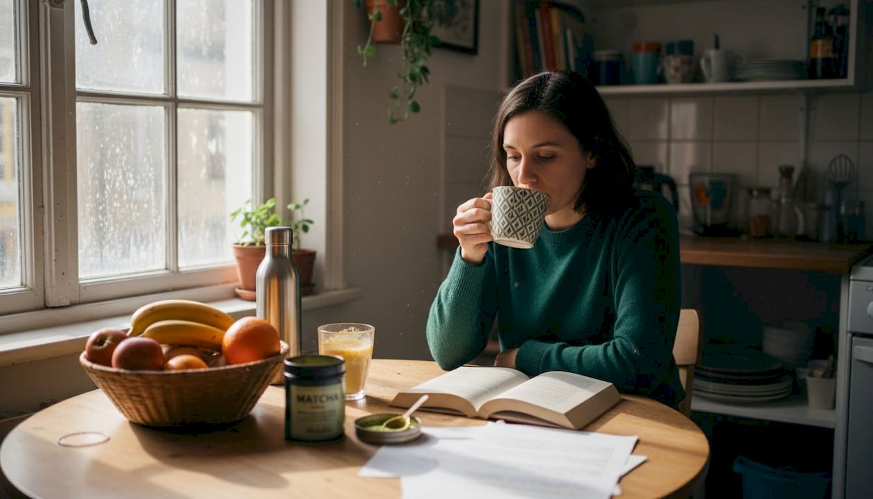 Woman sampling healthy coffee alternatives at kitchen table