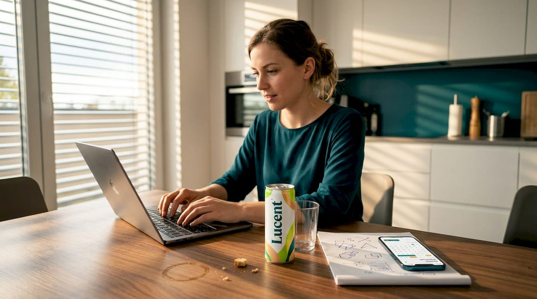 Young adult works at table with energy drink