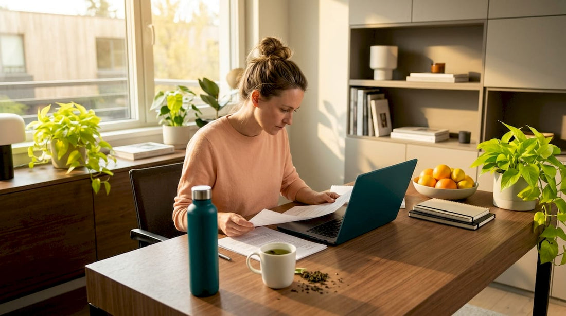 Professional woman working with tea and water