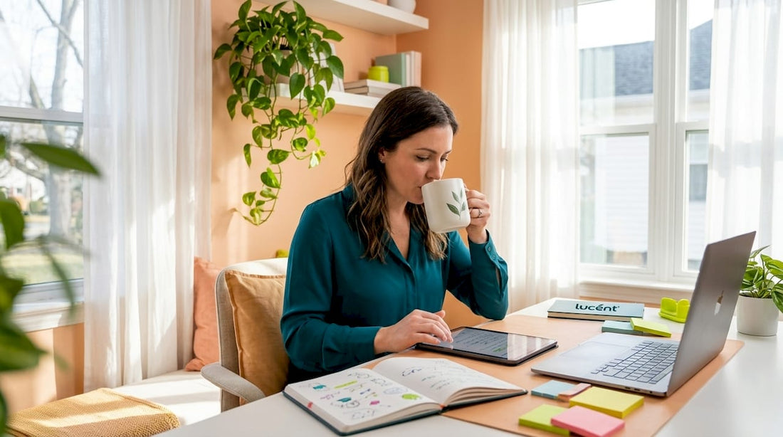 Woman concentrating at home office with green tea