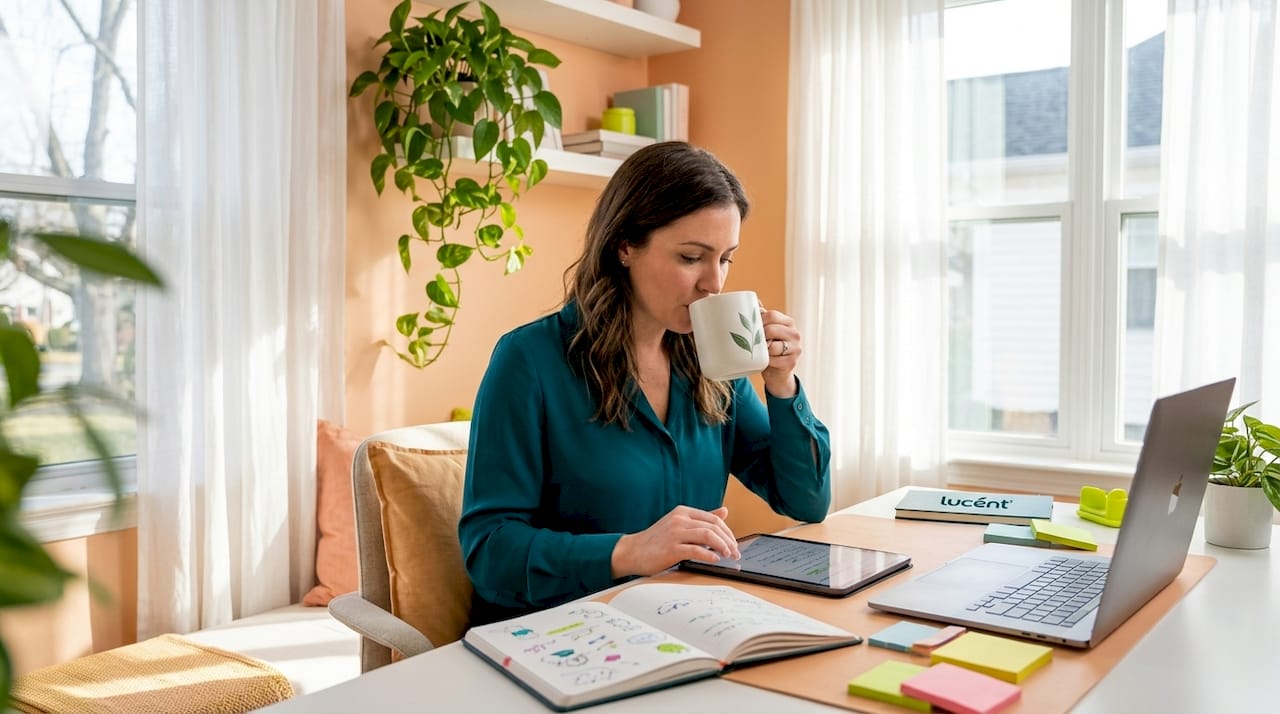 Woman concentrating at home office with green tea