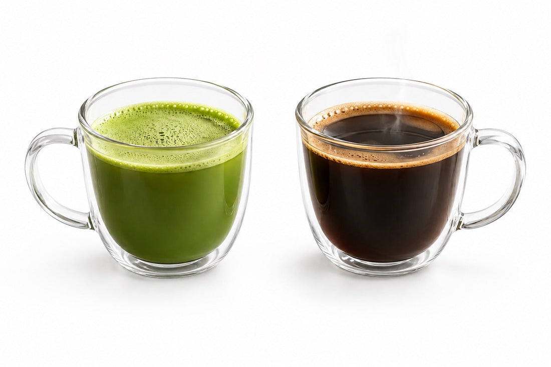 Two clear glass cups of black coffee and green matcha side by side on a white background with soft studio shadows.