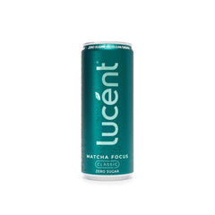 A single can of Lucent Matcha Focus Classic Zero Sugar beverage, featuring a metallic teal-green can with white branding and text, set against a plain white background.