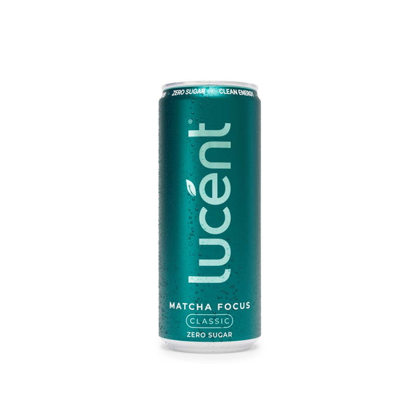 A single can of Lucent Matcha Focus Classic Zero Sugar beverage, featuring a metallic teal-green can with white branding and text, set against a plain white background.
