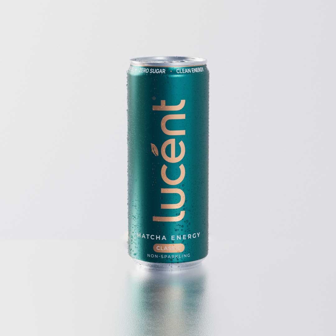 Teal can of Lucent Matcha Energy Drink on a light gray background