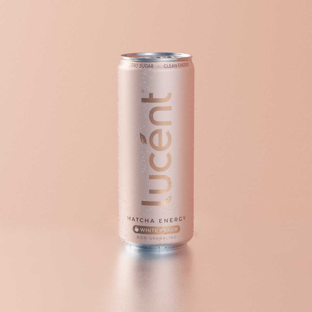 Lucent matcha energy drink can in white peach flavor.