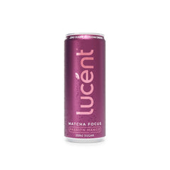 A single can of Lucent Matcha Focus Passion Mango zero sugar beverage, featuring a metallic magenta-pink can with condensation droplets, set against a plain white background.