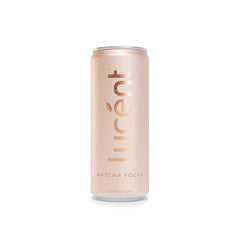A single can of Lucent Matcha Focus White Peach zero sugar beverage, featuring a metallic pink can with condensation droplets, set against a plain white background.